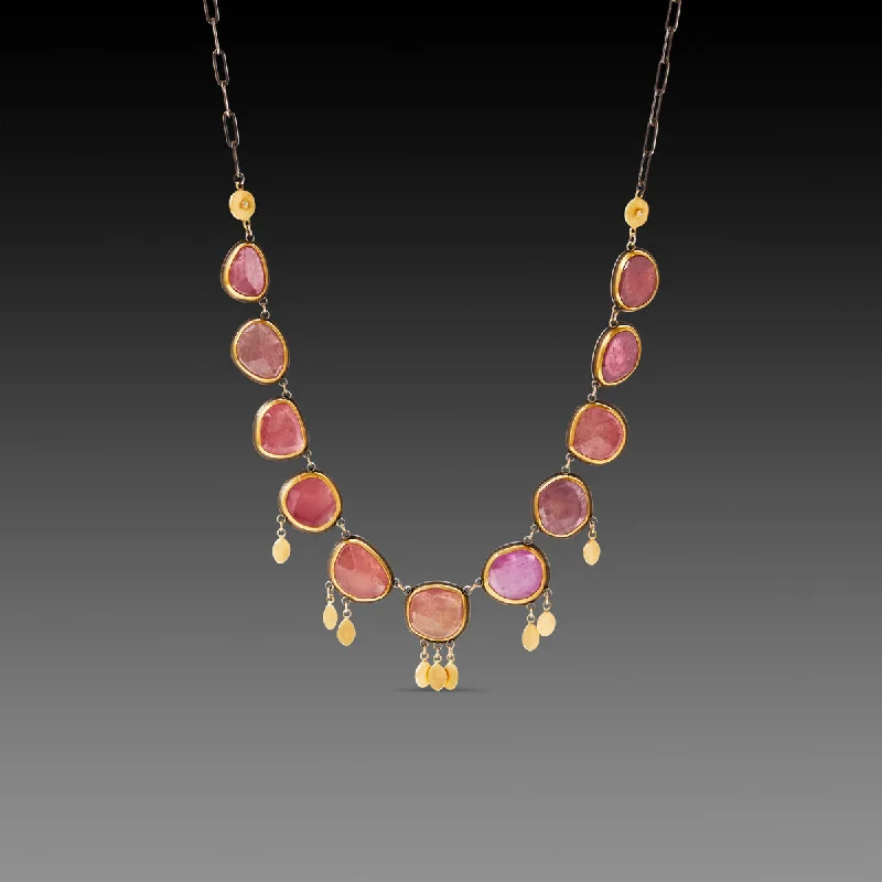 Chunky Gold Necklace-Pink Sapphire Necklace with 22k Gold Fringe