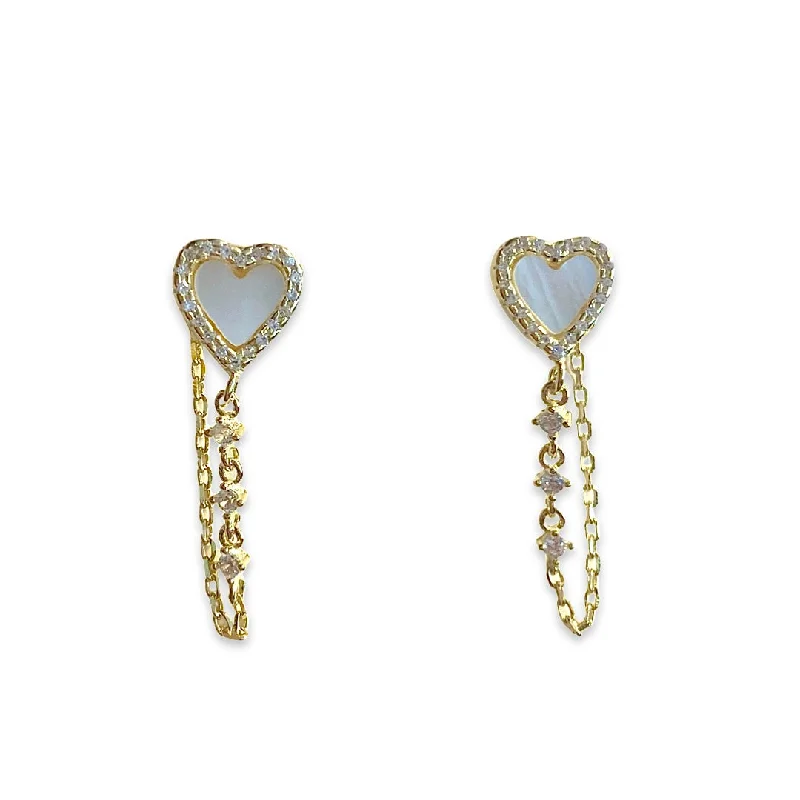 Bridal Earrings for Weddings-Heart Mother of Pearl Chain Studs