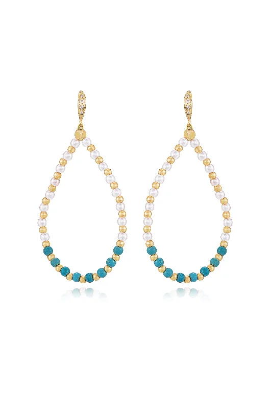 Shiny Drop Earrings-Turquoise and Pearl Teardrop Earrings