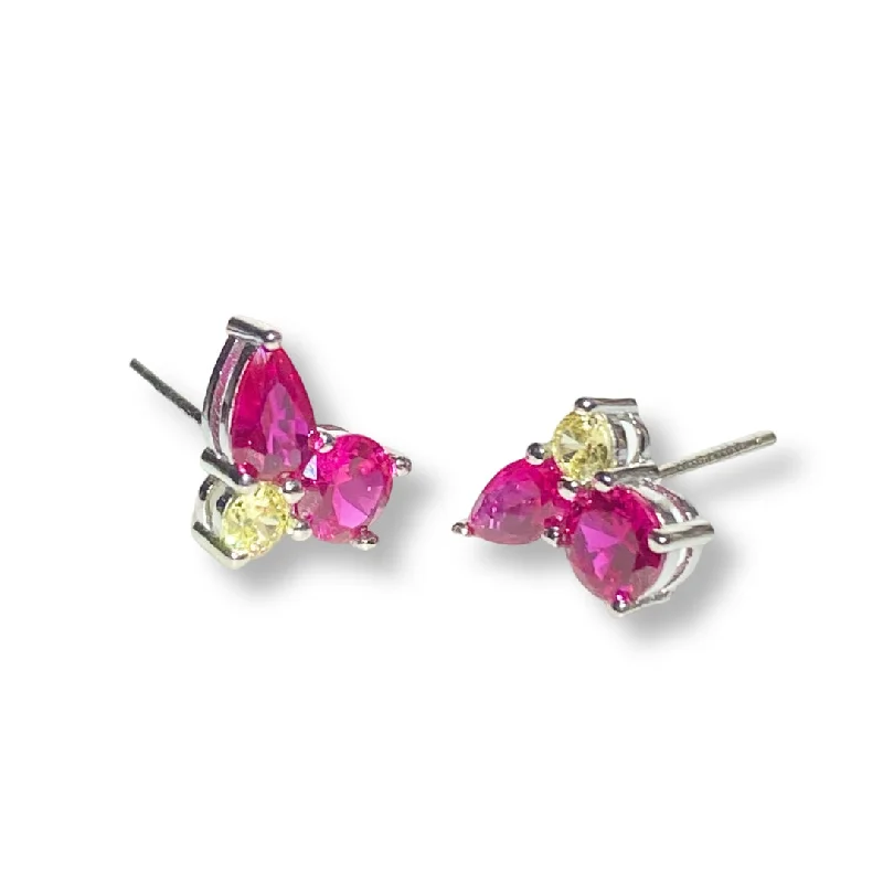 Simple Diamond Stud Earrings-Magenta Cluster Triple Stone Studs