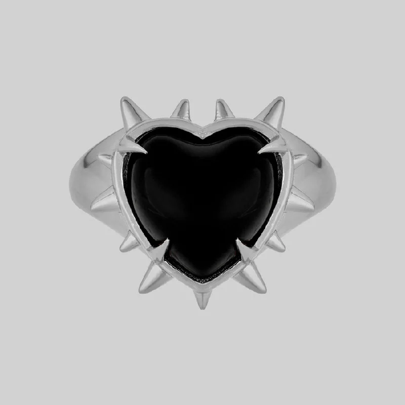 Men’s Silver Ring-VOID. Spiked Black Glass Heart Ring - Silver