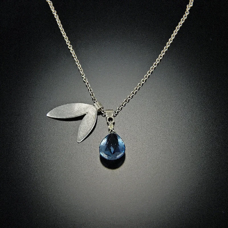 Layered Crystal Necklace-London Blue Topaz Leaf Charm Necklace