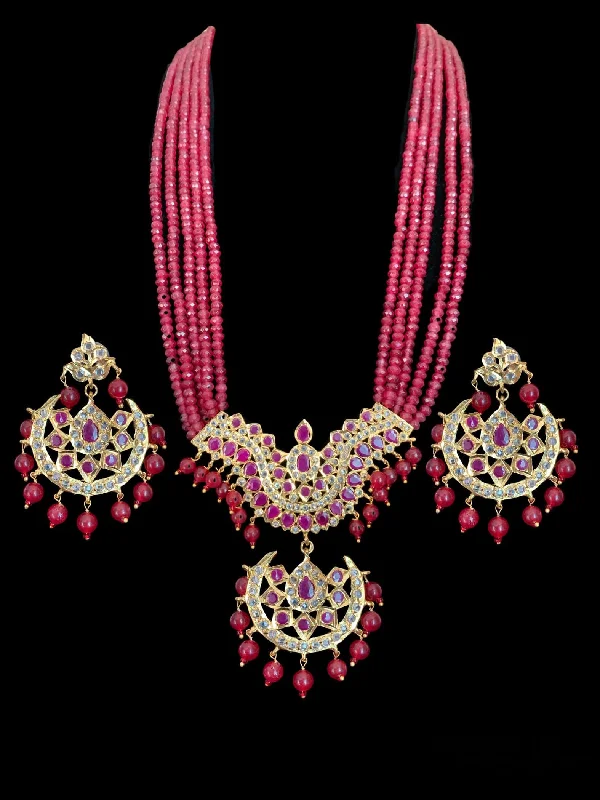 Elegant Gemstone Earrings-LN47 Ramia Hyderabadi long ruby beaded rani haar with earrings ( READY TO SHIP )