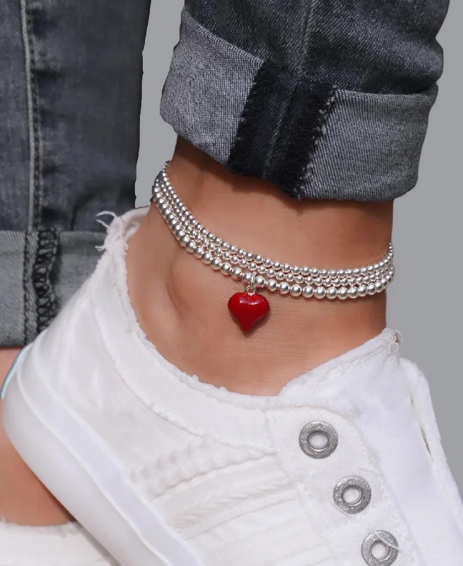 Luxury Pearl Bracelet-925 Sterling Silver Stretch Red Heart Anklet, Sterling Silver Anklet, Ankle Bracelet, Heart, Anklet