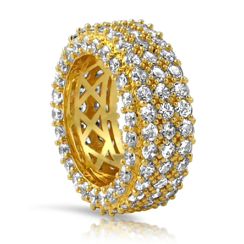 Classic Wedding Band with Diamonds-Triple Ice Decker 360 CZ Eternity Hip Hop Ring Band in Gold