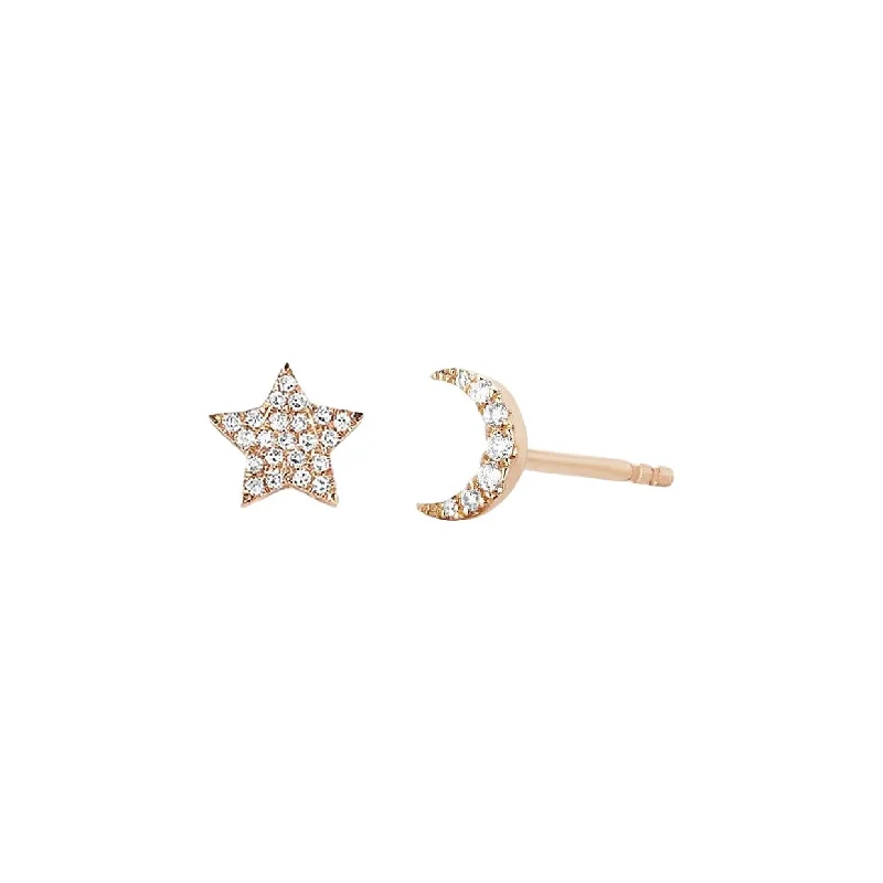 Large Diamond Earrings-Diamond Star & Moon Stud Earrings