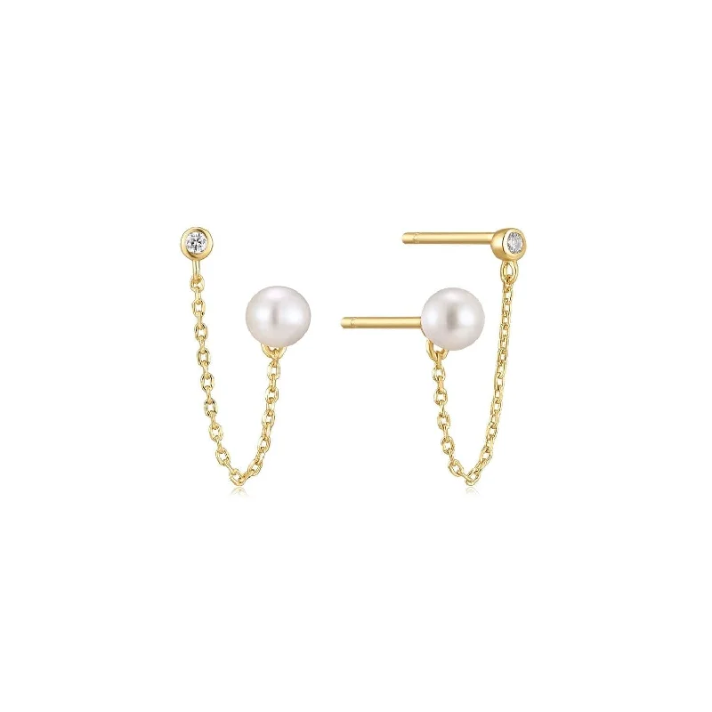 Beaded Earrings for Women-Double Cz & Pearl Chain Link Earrings