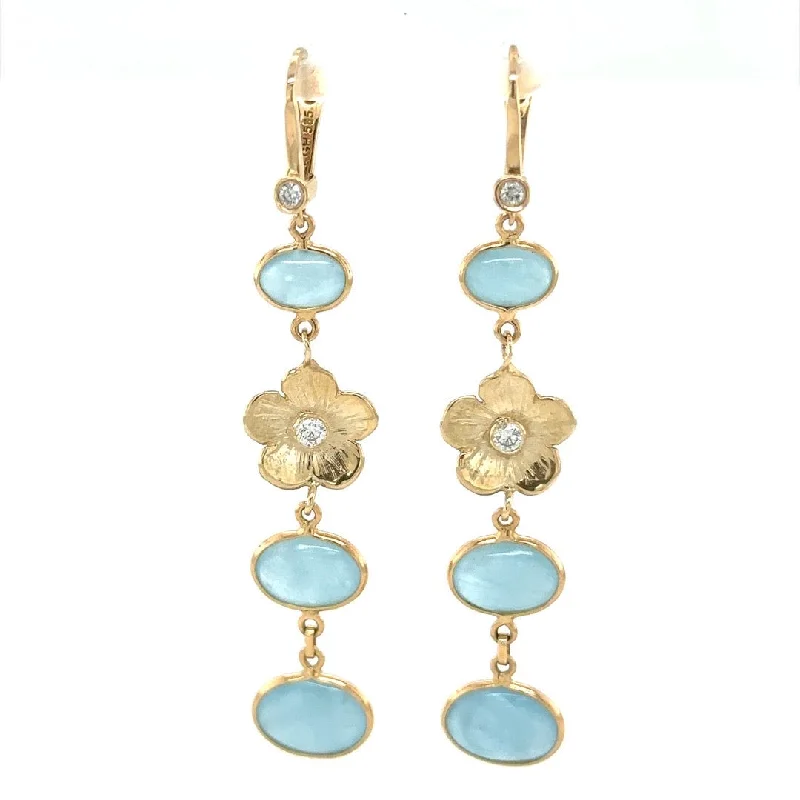 Long Chain Earrings-Aquamarine and Petunia Diamond Drop Earrings