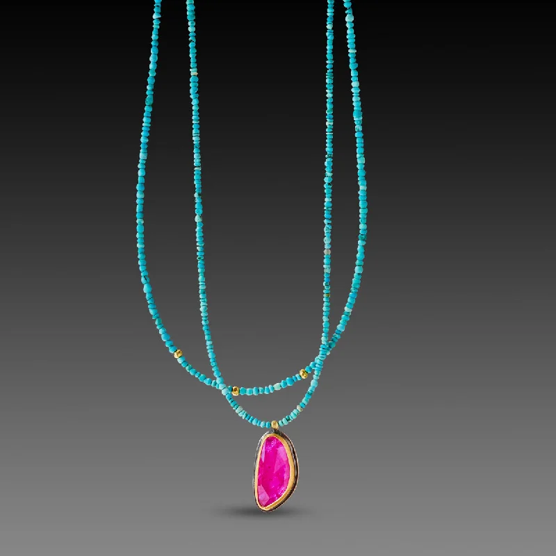 Silver Rope Necklace-Double Strand Turquoise Necklace with Ruby