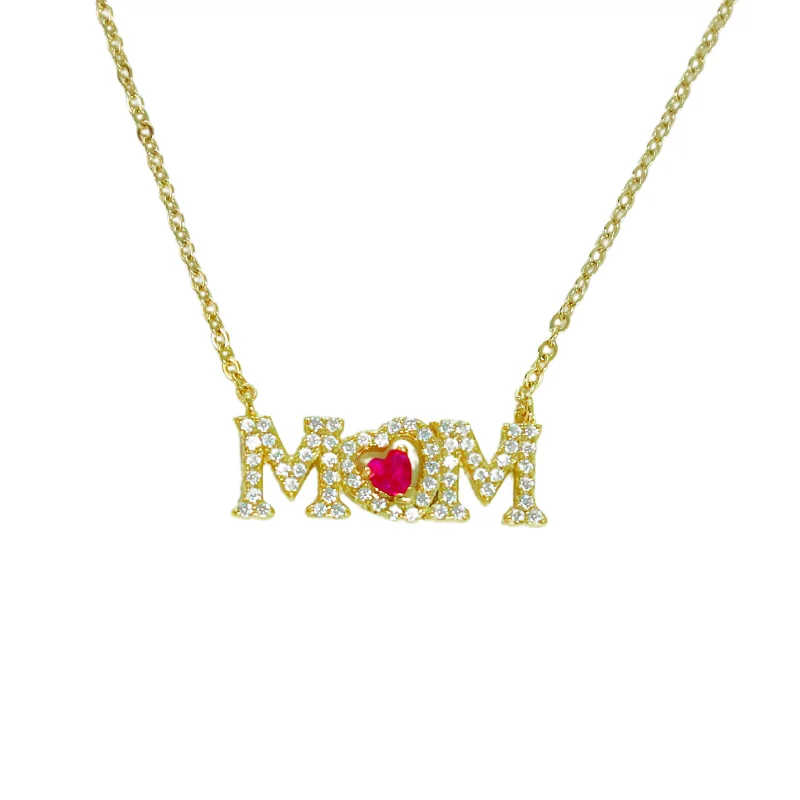 Gemstone Pendant Necklace-"MOM + Ruby" Pave CZ Necklace