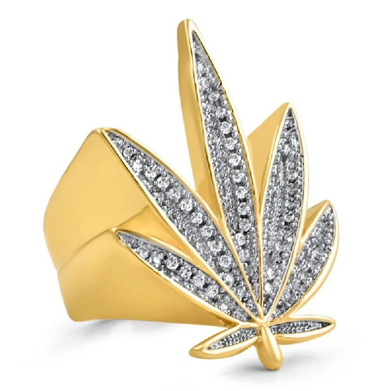 Rose Gold Promise Ring-Marijuana Leaf 420 CZ Bling Bling Gold Ring