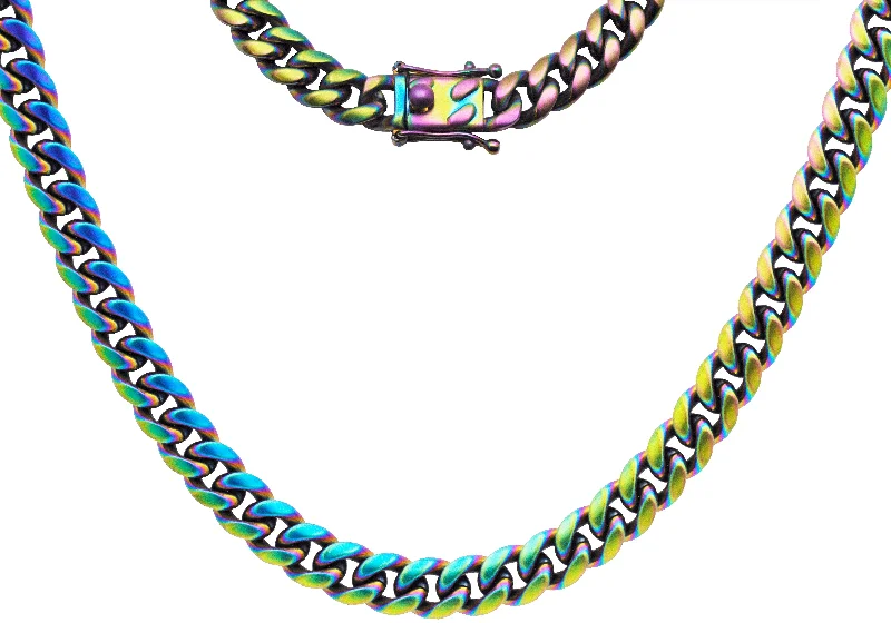 Fashionable Pendant Necklace-Mens 10mm Pearlescent Rainbow Plated Stainless Steel Miami Cuban Link Chain Necklace With Box Clasp