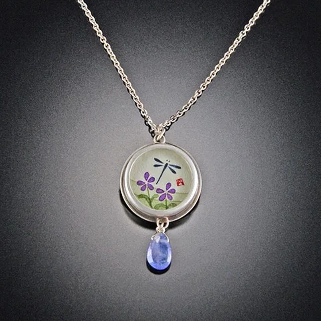 Personalized Birthstone Pendant Necklace-Small Round Dragonfly Necklace with Tanzanite Drop