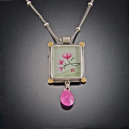 Simple Gold Pendant Necklace-Small Rectangle Magnolia Necklace with Pink Sapphire Drop