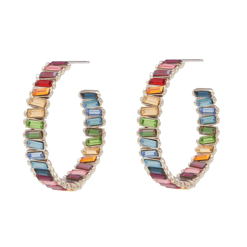 Long Dangling Earrings-Baby Serena Hoops in Rhodium Rainbow