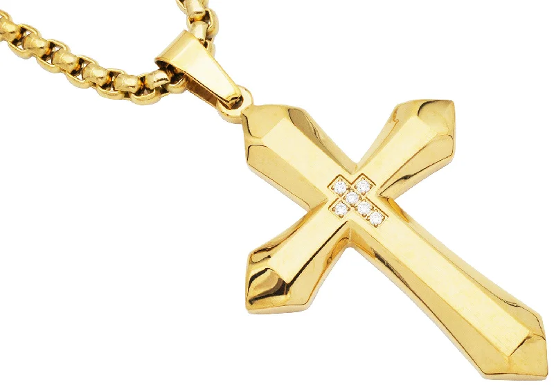 Custom Nameplate Necklace-Mens Gold Plated Stainless Steel Cross Pendant Necklace With Cubic Zirconia with 24" Round Box Chain