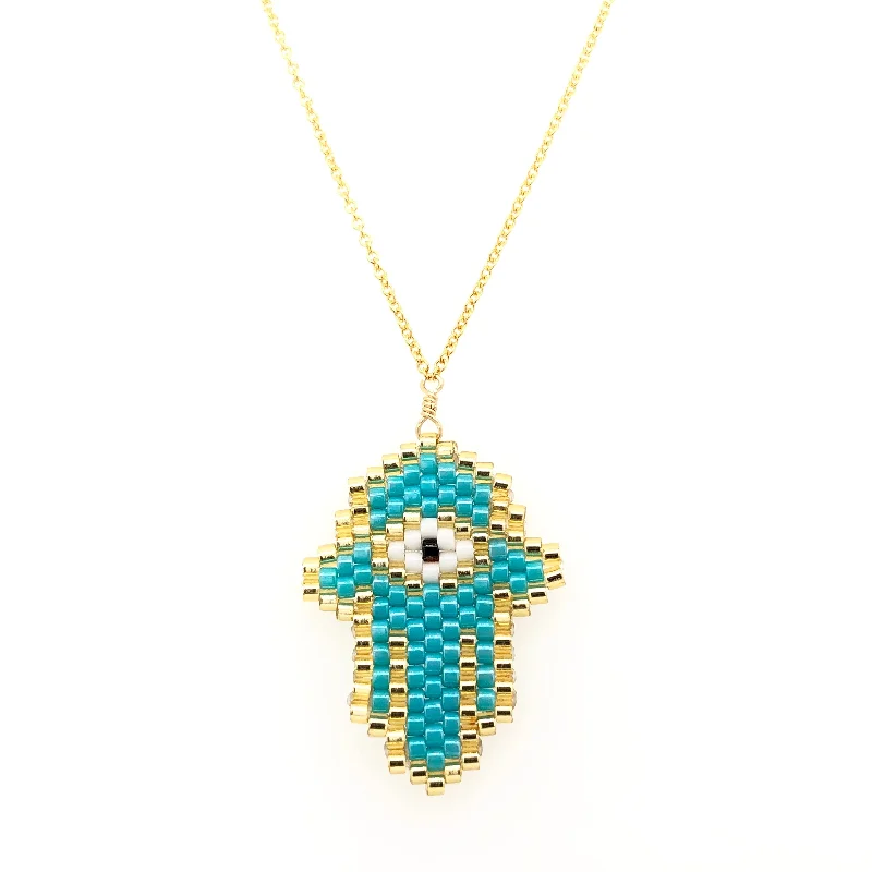 Long Gemstone Necklace-Seed Bead Hamsa Turquoise small Necklace