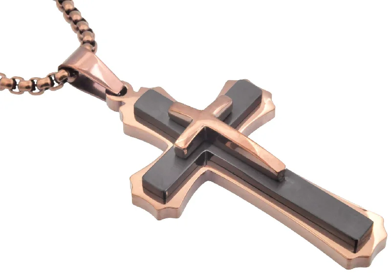 Statement Silver Pendant Necklace-Mens Chocolate And Black Stainless Steel 3D Cross Pendant Necklace With 24" Chain