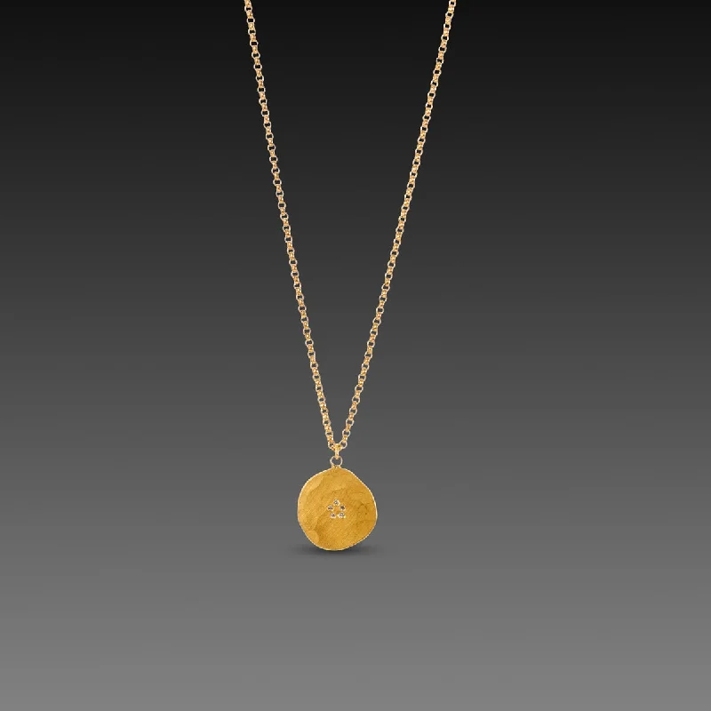 Long Chain Pendant Necklace-Hammered Disk Necklace with Diamonds