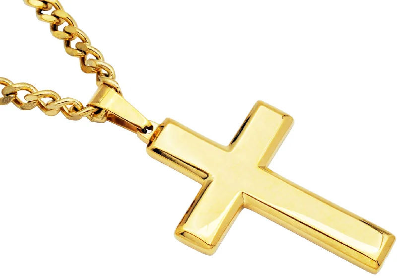 Custom Gemstone Necklace-Mens Gold Stainless Steel Cross Pendant Necklace