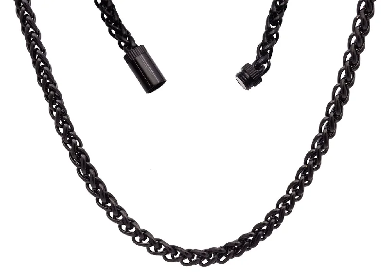 Elegant Choker Necklace for Weddings-Mens Black Plated Stainless Steel Wheat Link Chain Necklace With Magnetic Clasp