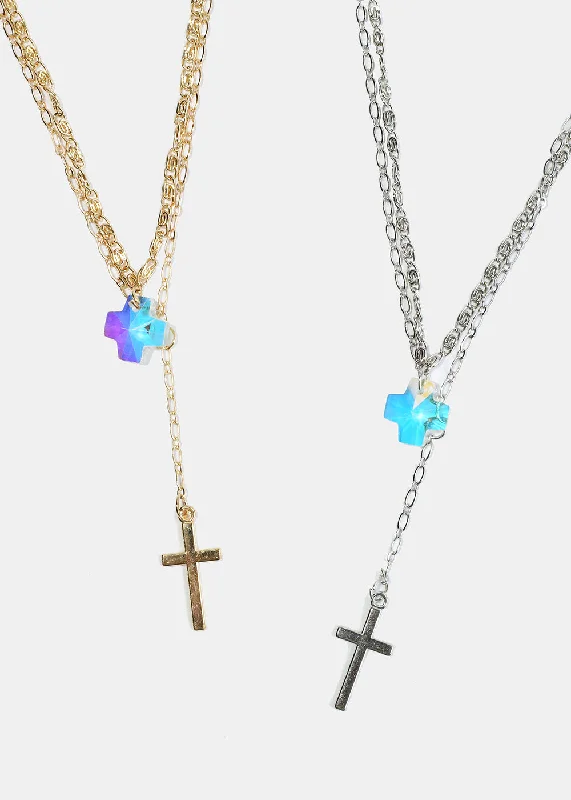 Gold Heart Pendant Necklace-Cross and Gem Layered Necklace