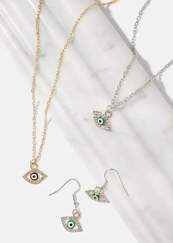 Rose Gold Pendant Necklace-Evil Eye Necklace & Earring Set