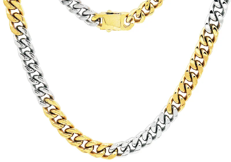 Bright Sapphire Necklace-Mens 10mm Two-Toned Gold Plated Stainless Steel Cuban Link Chain Necklace