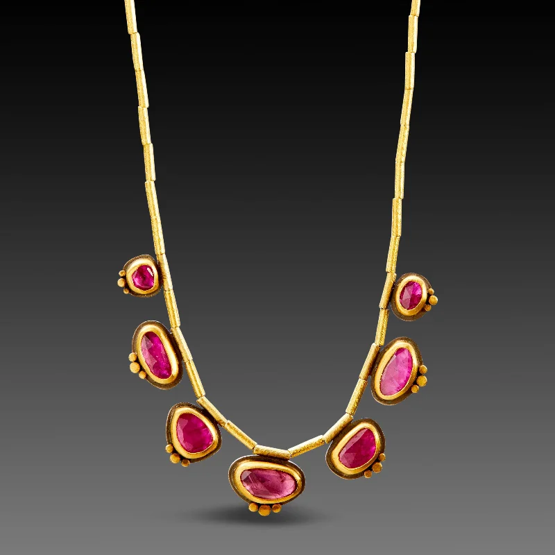 Colorful Gemstone Pendant Necklace-Seven Rubies with 22k Gold Trios Necklace