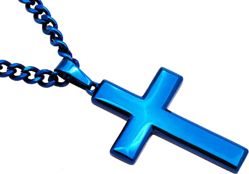 Natural Stone Pendant for Necklace-Mens Blue Stainless Steel Cross Pendant Necklace