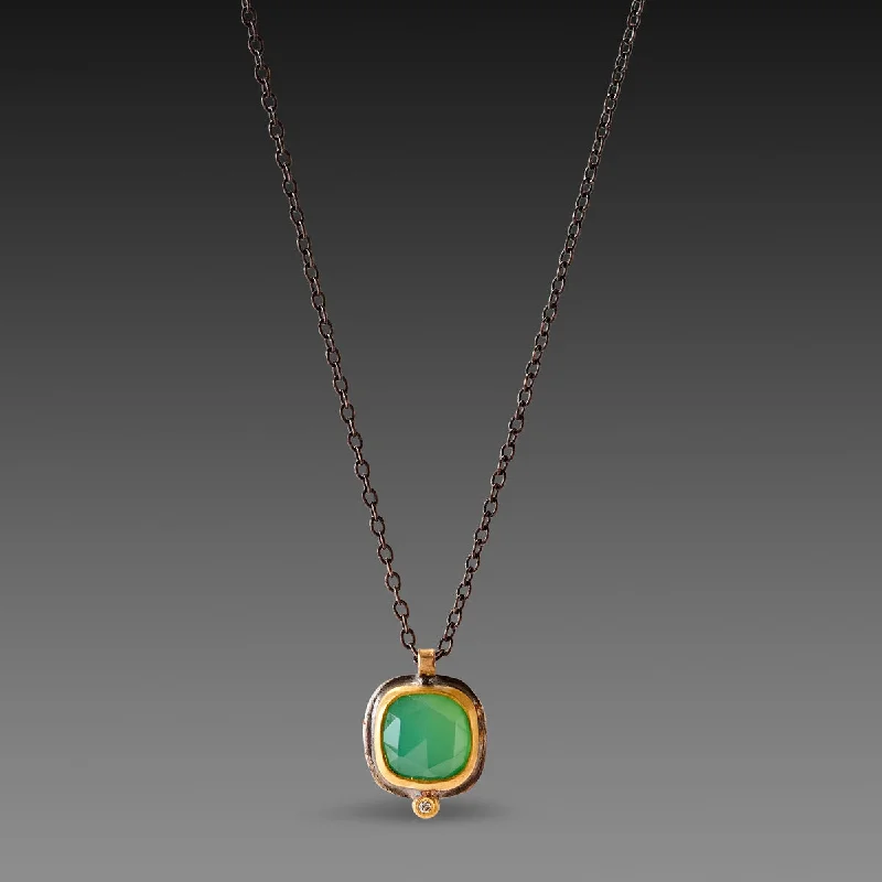 Beaded Gold Pendant Necklace-Chrysoprase Necklace with Diamond