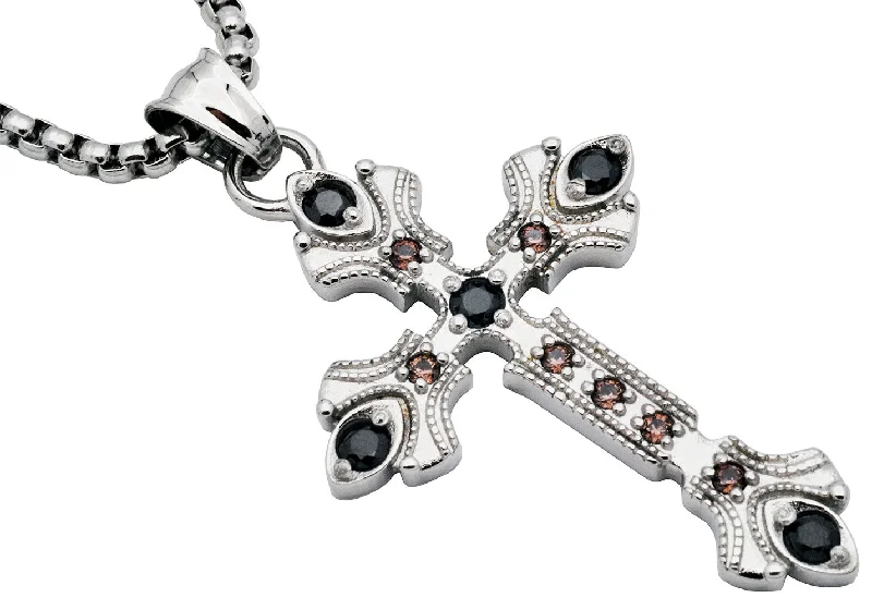 Heart Pendant Necklace-Men's Stainless Steel Cross Pendant Necklace With Champagne And Black Cubic Zirconia