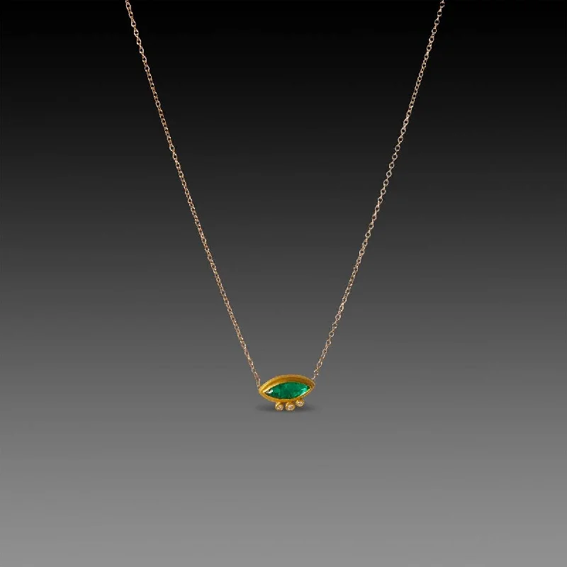 Gold Name Necklace-Marquise Emerald Necklace with Three Diamonds