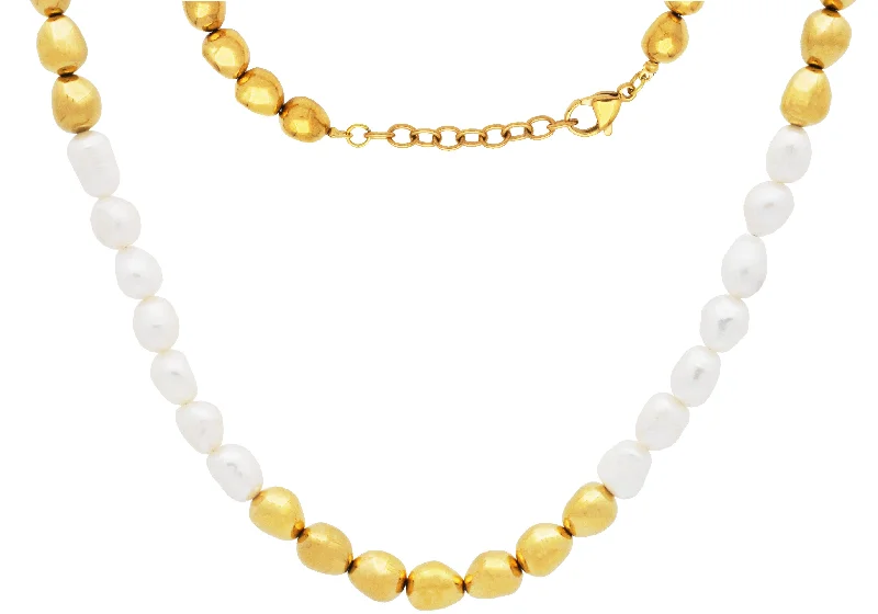 Designer Necklace for Weddings-Men's 6mm Baroque Pearl Gold Stainless Steel Necklace w/ Extension Clasp