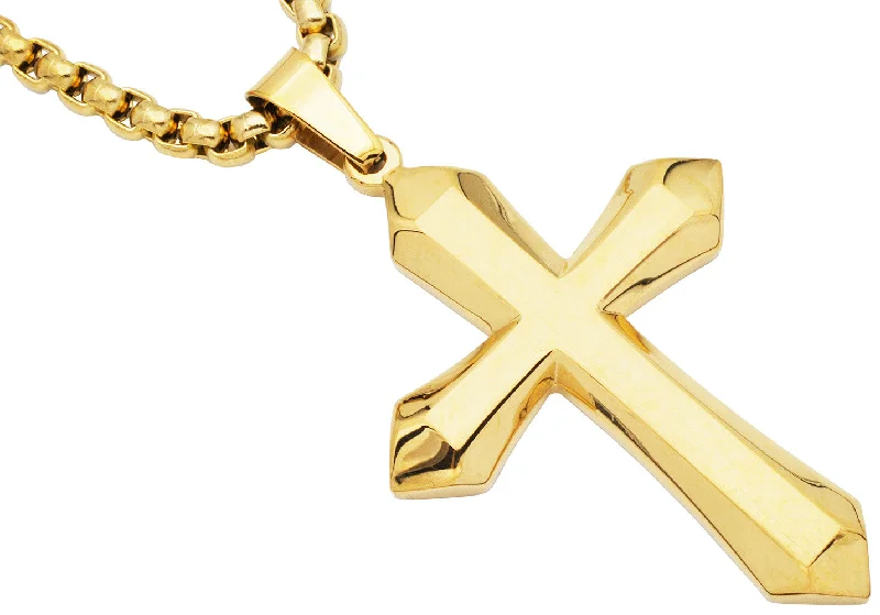 Layered Pearl Necklace-Mens Gold Plated Stainless Steel Cross Pendant Necklace with 24" Round Box Chain