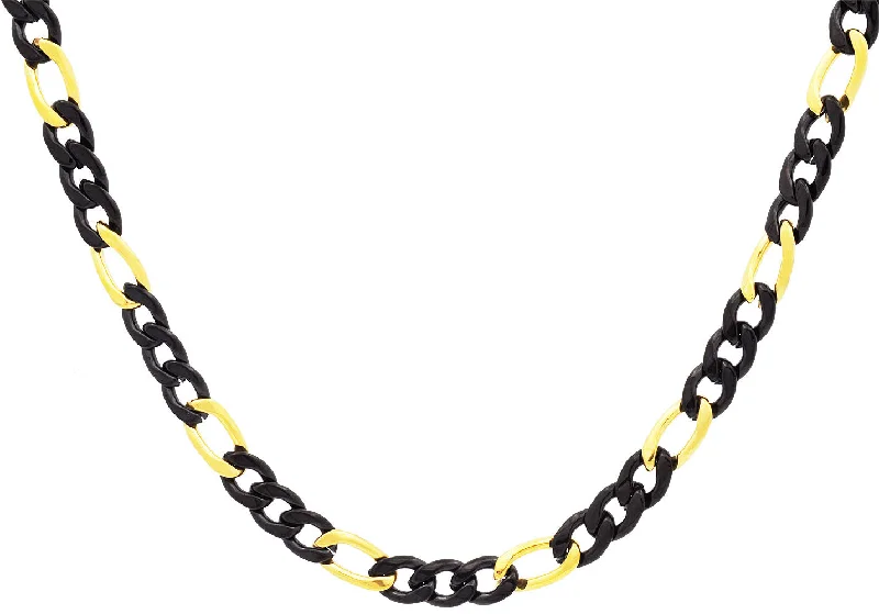 Black Diamond Necklace-Mens Two-tone Black & Gold Stainless Steel Figaro Link Chain Necklace