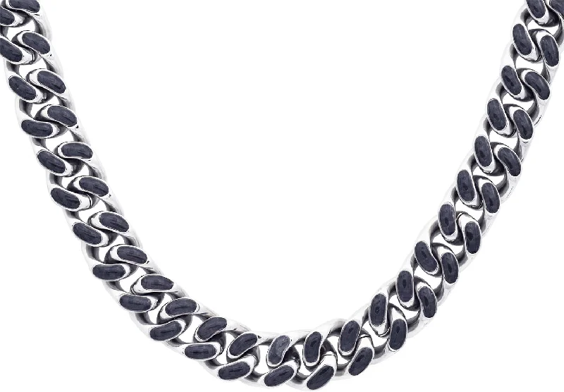 Heart Shaped Pendant Necklace-Men's 12mm Stainless Steel Cuban Link Chain Necklace With Carbon Fiber