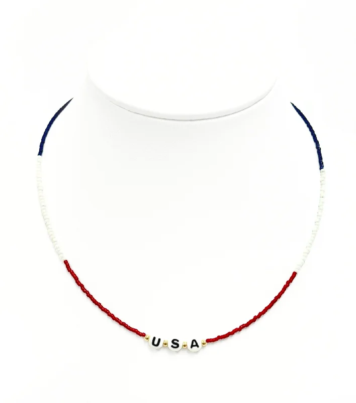 White Gold Necklace-"USA" Multicolor Choker