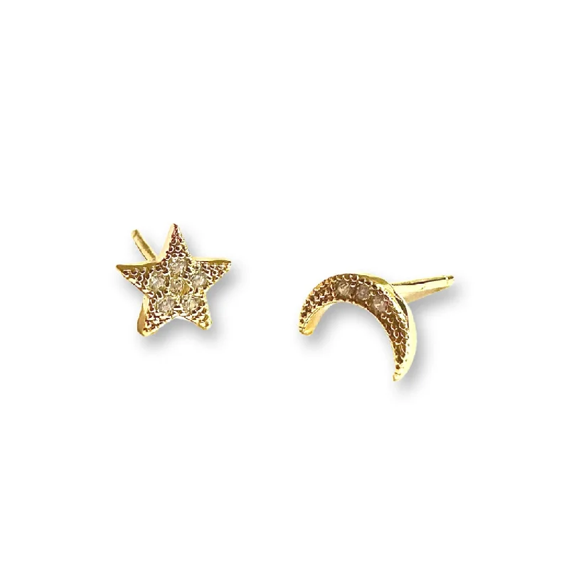 Gold Bead Earrings-Luna Sparkle Moon Star Studs