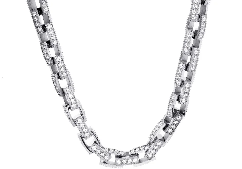 Bead Chain Necklace-Mens Stainless Steel Square Link Chain Necklace with Cubic Zirconia