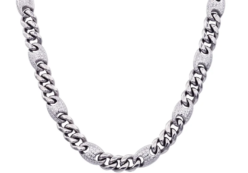 Dainty Beaded Necklace-Mens 10mm Stainless Steel Mariner Curb Chain Necklace With Cubic Zirconia