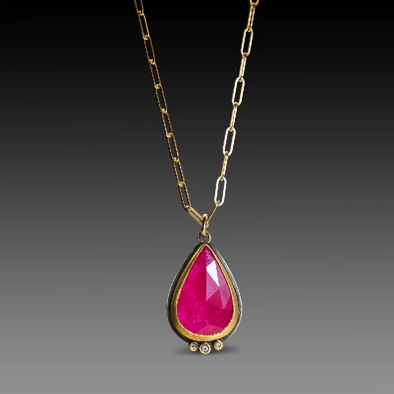 Classic Gemstone Pendant Necklace-Ruby Teardrop Necklace with Paperclip Chain