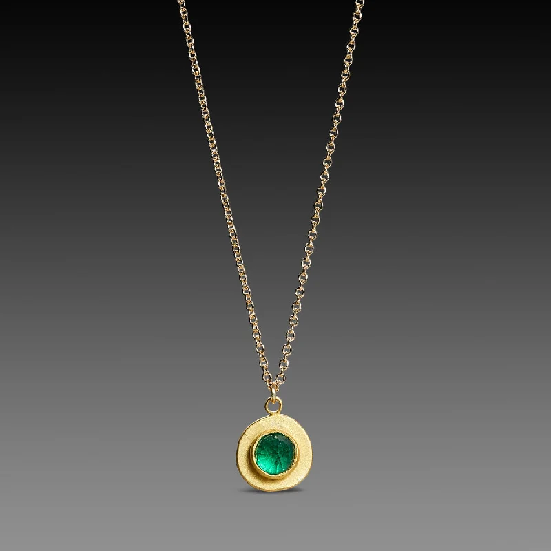 Layered Heart Pendant Necklace-Gold Disk & Emerald Necklace