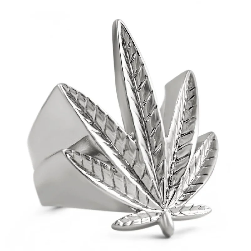 Women’s Gold Engagement Ring-Marijuana Leaf Pot 420 Stoners Rhodium Ring