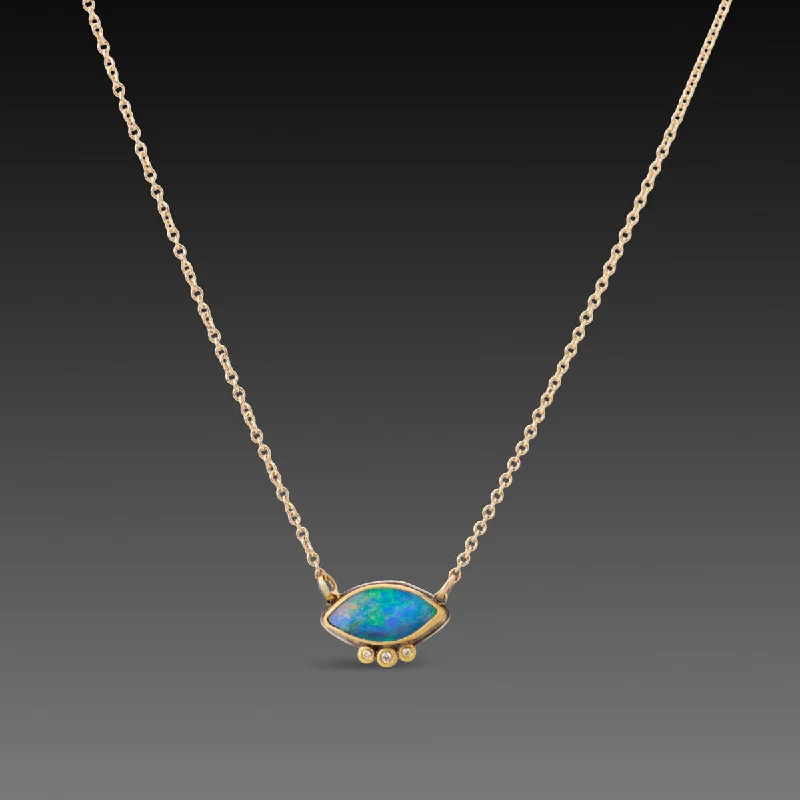 Layered Heart Necklace-Marquise Australian Opal Necklace with Diamonds