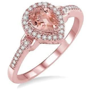 Chunky Gemstone Ring-10K Rose Gold Morganite Pear Shaped Diamond Halo Ring