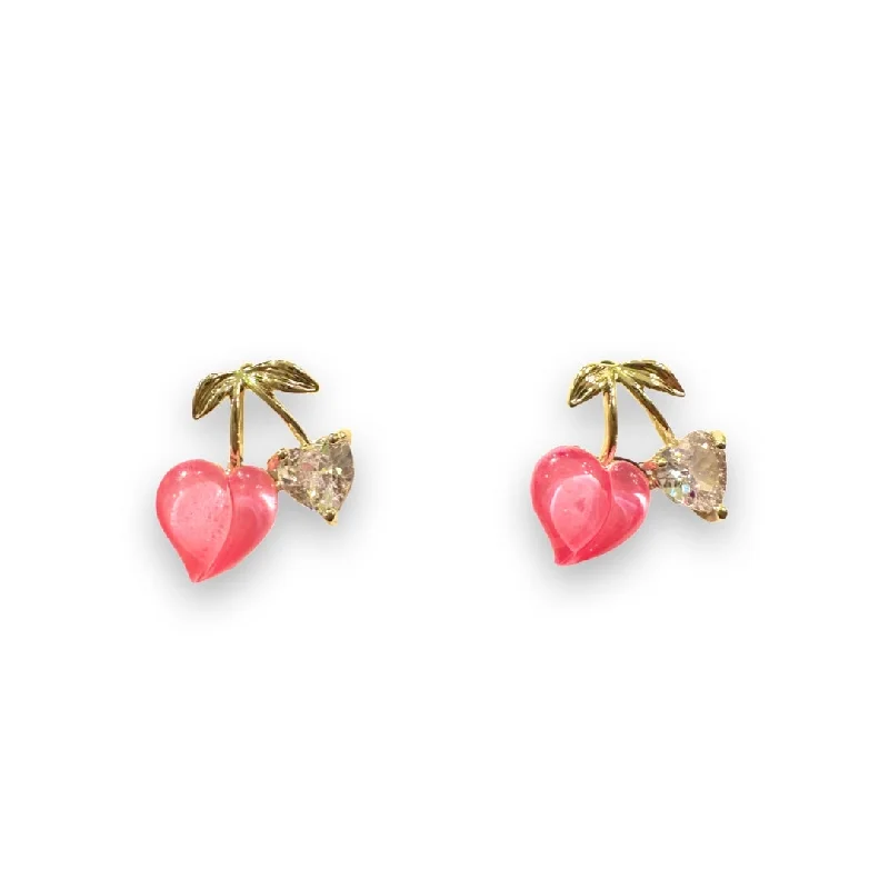 Rose Gold Drop Earrings-Peach Cherry Heart Studs