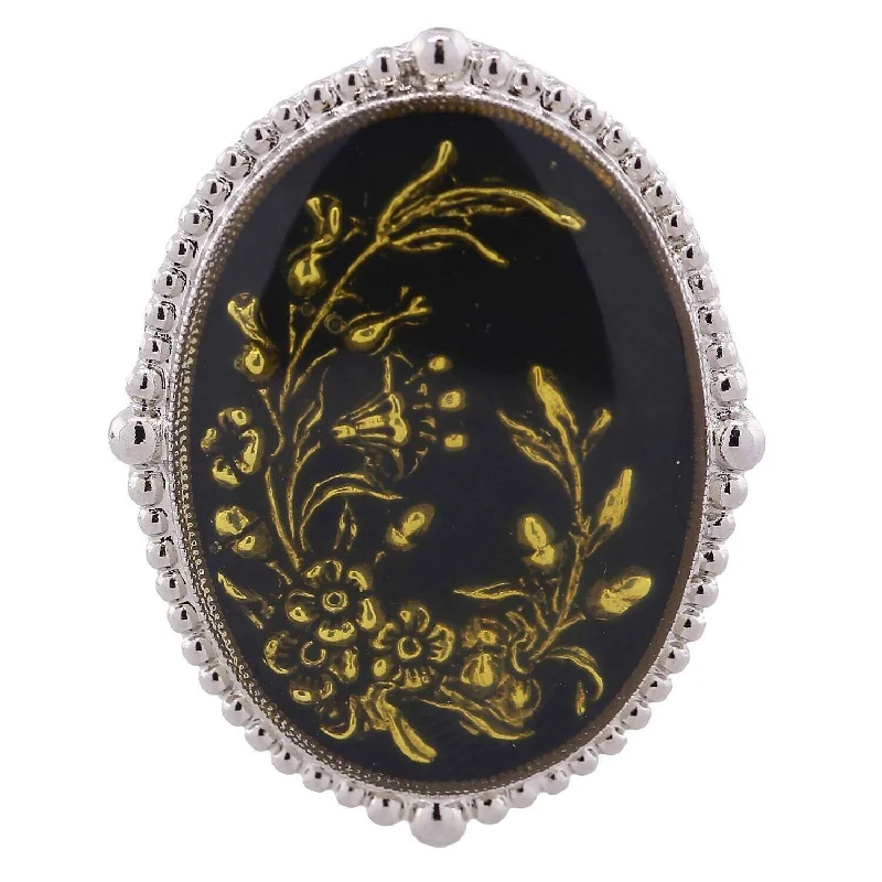 Simple Platinum Ring-1928 Jewelry Oval Hand Enameled Black And Gold Floral Stretch Ring