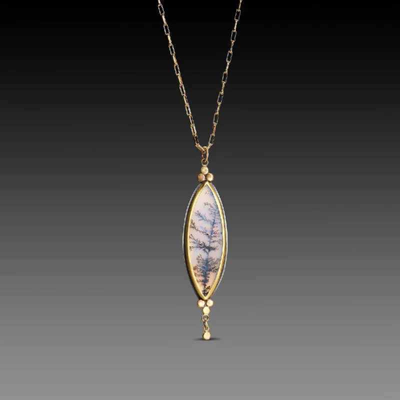 Bright Gold Necklace-Pointed Oval Dendritic Agate Necklace