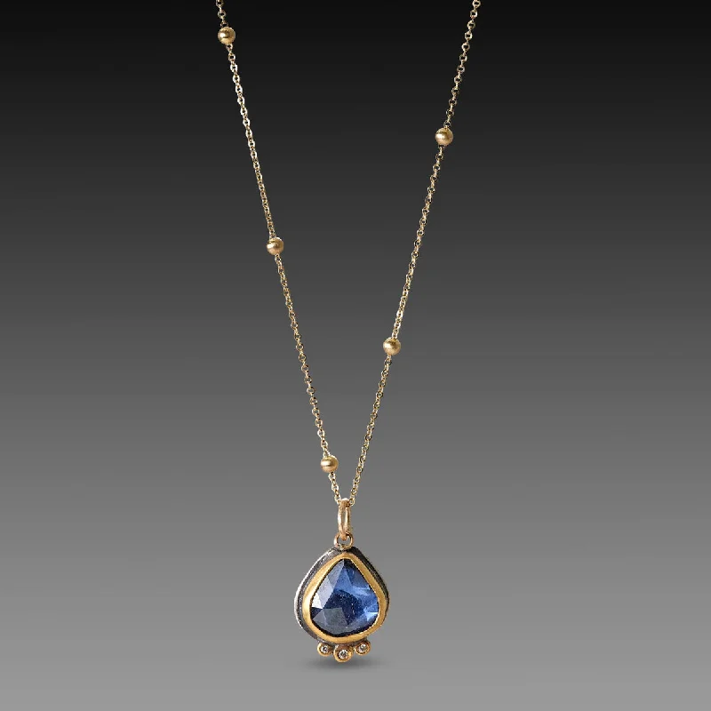 Adjustable Pendant Necklace-Organic Sapphire Necklace with Diamonds